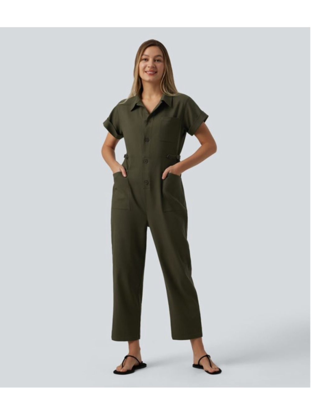 Halara Short Sleeve Button Front Jumpsuit Large NWT Olive Green Utility Coverall